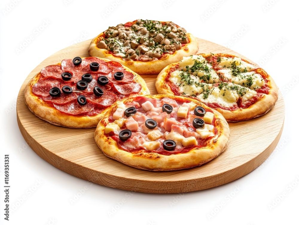 Four Varieties of Delicious Pizza Displayed on a Wooden Serving Board, Featuring Pepperoni, Mushroom, Ham, and Cheese Toppings with Black Olives and Fresh Herbs Four Varieties of Delicious Pizza Displayed on a Wooden Serving Board, Featuring Pepperoni, Mushroom, Ham, and Cheese Toppings with Black Olives and Fresh Herbs