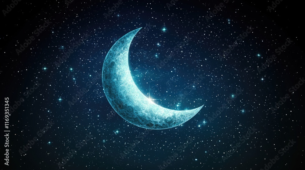 Fototapeta premium A vibrant crescent moon glows against a backdrop of twinkling stars. Ideal for celestial-themed designs, wallpapers, or social media posts.