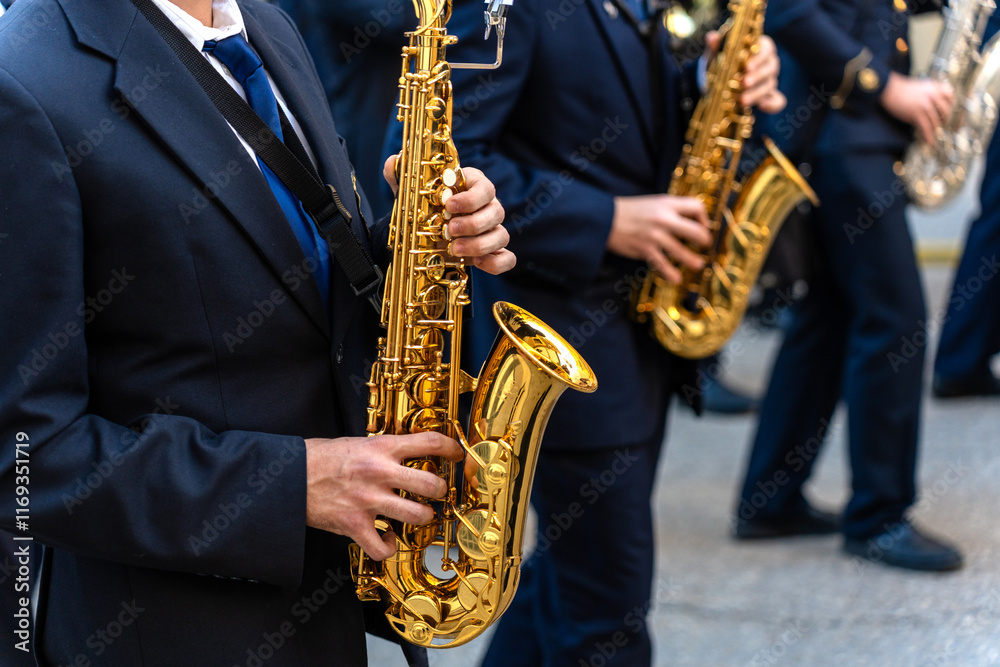 Fototapeta premium Band musicians with their instruments on the street. Typical music bands in Spain.