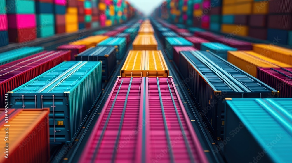 A vibrant array of shipping containers stacked in colorful patterns, creating a visually striking perspective along a transport pathway.