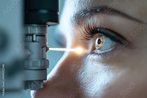 A close-up view of a patient undergoing a laser eye exam, showcasing the intricate details of the eye and the examination equipment used by optometrists.