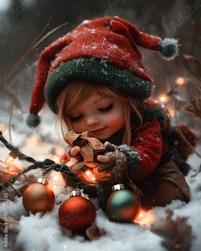 Diminutive elf like figure dressed in a red and green outfit peering intently at twinkling lights and baubles in a snowy backyard photo