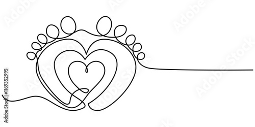 Baby foot barefoot heart icon continuous one line drawing, Kid feet graphic icon. Child bare feet sign isolated on white background. Vector illustration, Concept of Wellness massage and Care skin. 