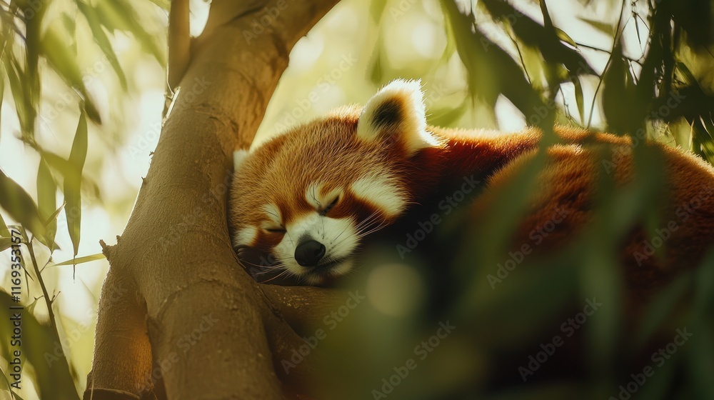 Naklejka premium Red Panda Napping in a Tree