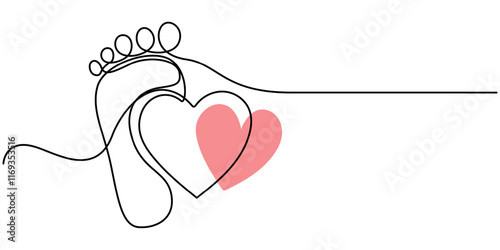 Woman's bare feet,close up, One continuous line drawing of bare foot and footprint. Elegance female feet in simple linear style. Concept of Wellness massage and Care about soft skin. Editable stroke. 