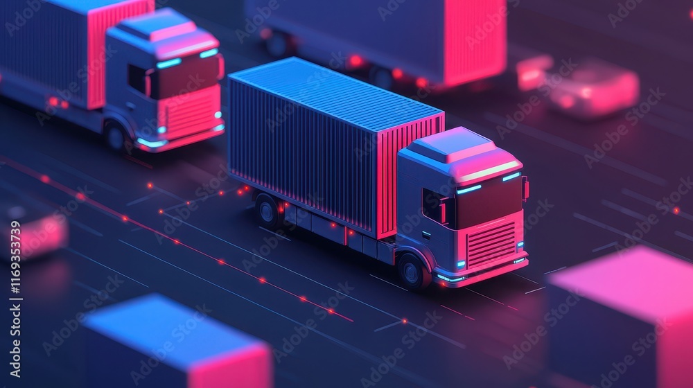 A vibrant digital illustration of trucks on a road, illuminated with neon colors, showcasing a modern and futuristic transport theme. A vibrant digital illustration of trucks on a road, illuminated with neon colors, showcasing a modern and futuristic transport theme.