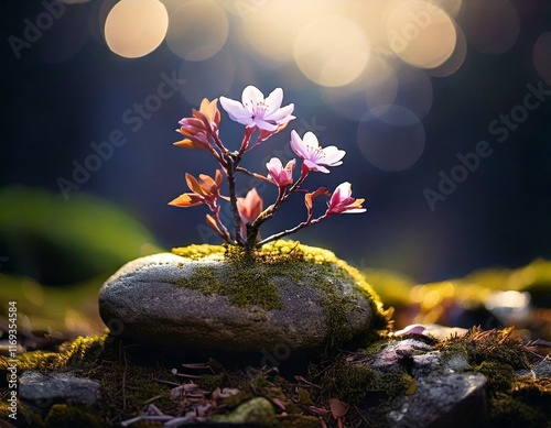 a shine of hope in the meddle of nowhere, a flower growing from a rock.