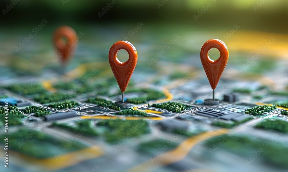 A close-up view of a map with location pins indicating specific points of interest. A close-up view of a map with location pins indicating specific points of interest.