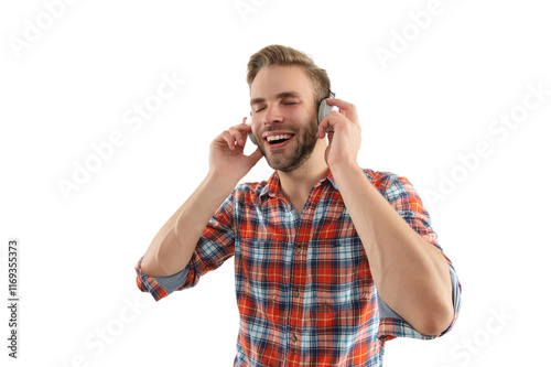 Millennial man listen to music in headphones. Music concept. Generation z lifestyle. Man listening audio in music headphones. Happy song. Caucasian man isolated on white. Student guy listen audio photo