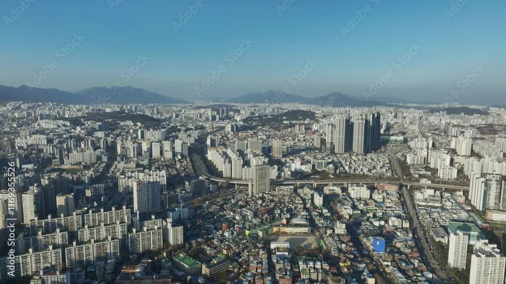 Aerial View of Seoul city in South Korea, Wangsimni, Han River, Winter Aerial View of Seoul city in South Korea, Wangsimni, Han River, Winter