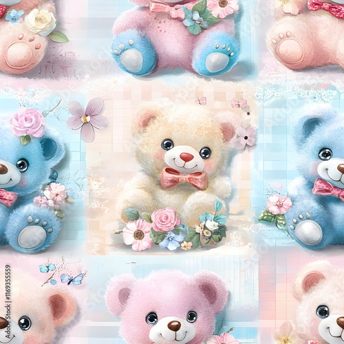 Cute soft color seamless teddy bears in square patches pattern