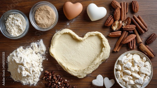 Raw dough and ingredients for preparing tasty heart shaped cookies on wooden background. Valentines Day celebration photo