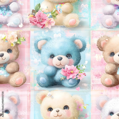 Cute soft color seamless teddy bears in square patches pattern