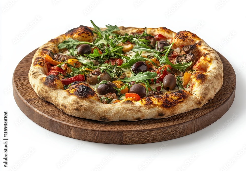 Freshly Baked Artisan Pizza with Colorful Vegetables and Olives on a Round Wooden Serving Board Ready to Delight Food Lovers and Culinary Enthusiasts
