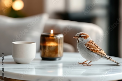 A charming bird perched on a table next to a steaming cup and a candle, creating a warm and inviting atmosphere that reflects comfort and tranquility in a domestic setting. photo