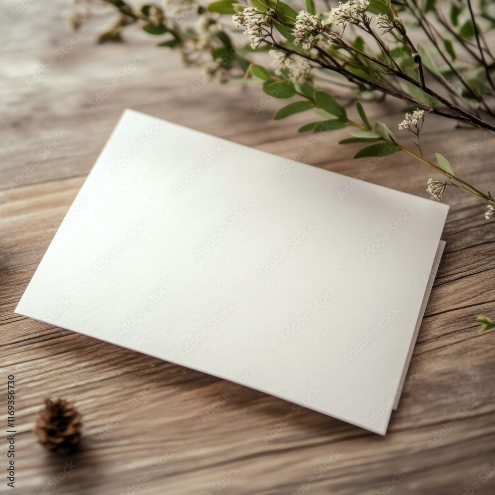 Blank card on wood with plant decoration Blank card on wood with plant decoration