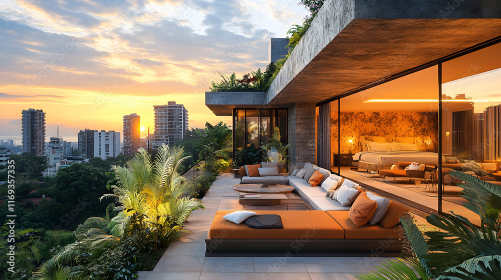 Fototapeta premium A tropical rooftop terrace with lounge seating and a panoramic city view