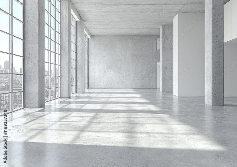 A spacious, modern interior with large windows and concrete walls, ideal for offices or studios. A spacious, modern interior with large windows and concrete walls, ideal for offices or studios.