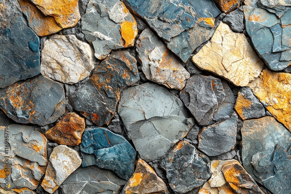 A close-up view of a textured stone wall composed of various colored rocks. A close-up view of a textured stone wall composed of various colored rocks.