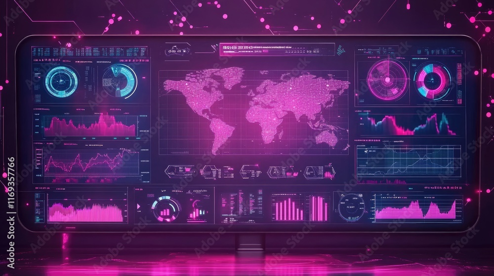 A futuristic digital dashboard displays global data analytics with charts graphs and a world map. Ideal for visualizing complex information in tech or business presentations. A futuristic digital dashboard displays global data analytics with charts graphs and a world map. Ideal for visualizing complex information in tech or business presentations.