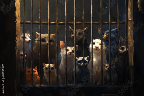 Animals imprisoned behind cage bars.