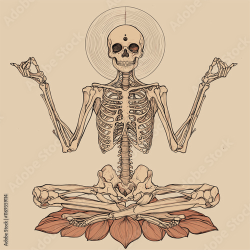 Meditative skeleton in a seated pose, halo behind head.