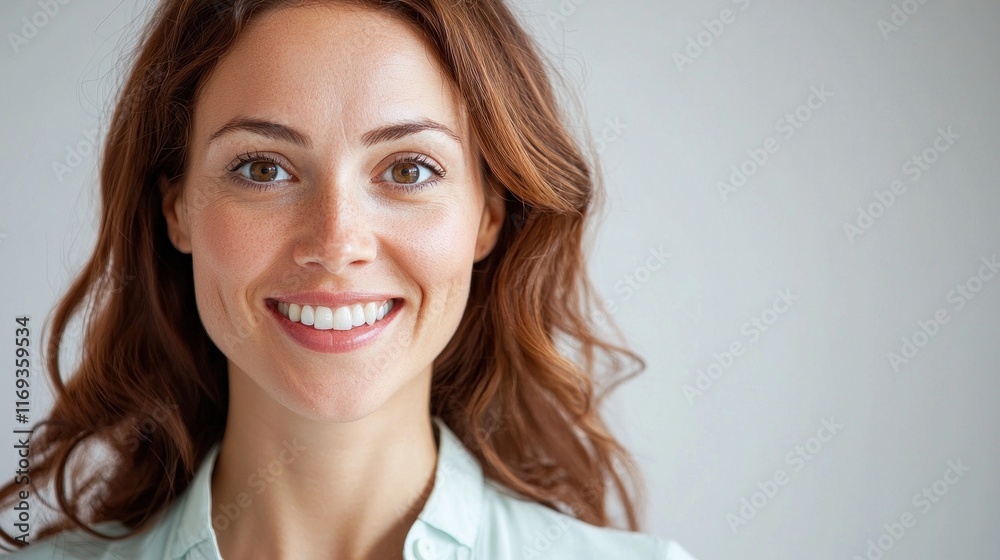 A smiling woman with long brown hair poses in a light-colored top against a neutral backdrop, radiating warmth and positivity. A smiling woman with long brown hair poses in a light-colored top against a neutral backdrop, radiating warmth and positivity.