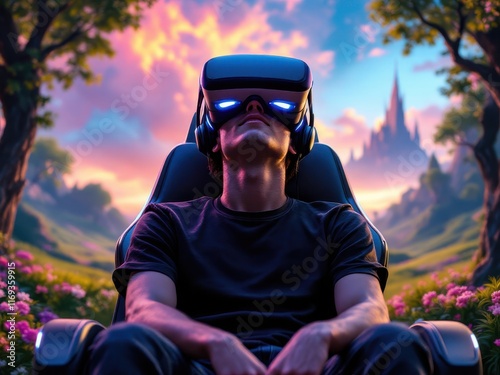 Man wearing a VR headset with an abstract fantasy landscape, creating an immersive and imaginative scene, great for tech or gaming related projects. photo