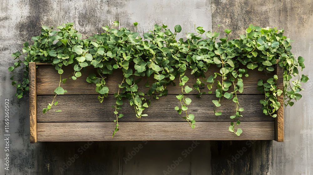 A rustic wooden planter box displays lush green plants cascading over the edges, adding a touch of nature to a textured wall background A rustic wooden planter box displays lush green plants cascading over the edges, adding a touch of nature to a textured wall background
