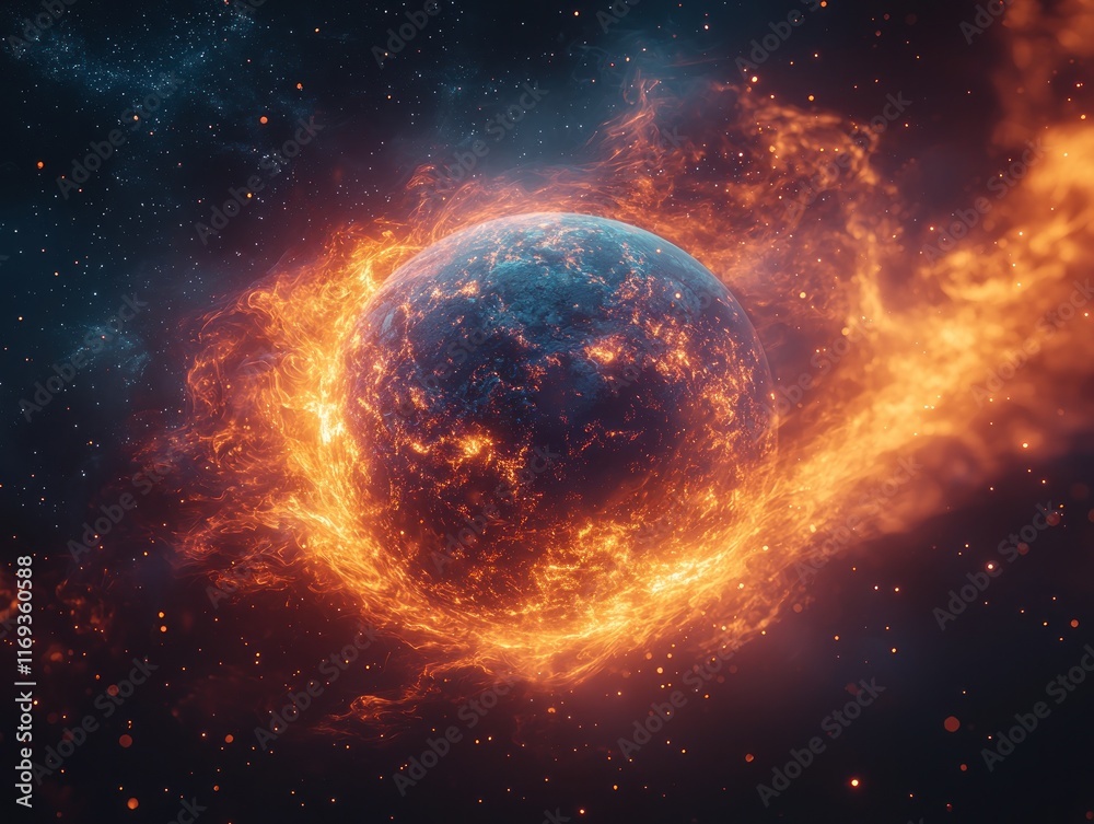 A fiery planet surrounded by cosmic elements in a vibrant space setting. A fiery planet surrounded by cosmic elements in a vibrant space setting.