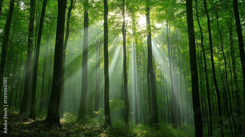 Naklejka premium Sunlight Streaming Through Dense Forest Canopy Creating a Serene Natural Atmosphere