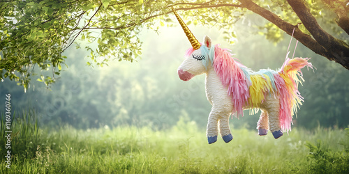 A whimsical unicorn piñata hangs from a tree, adorned with pastel fringes and a golden horn, surrounded by a serene green landscape photo