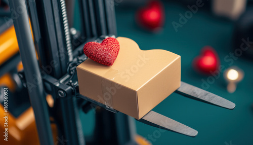 A Valentine’s Day forklift and shipping concept, Box with heart on a forklift, symbolizing love and delivery. photo