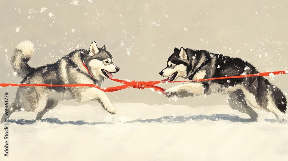 Naklejka premium Two Alaskan Malamutes Play Tug Of War In The Snow