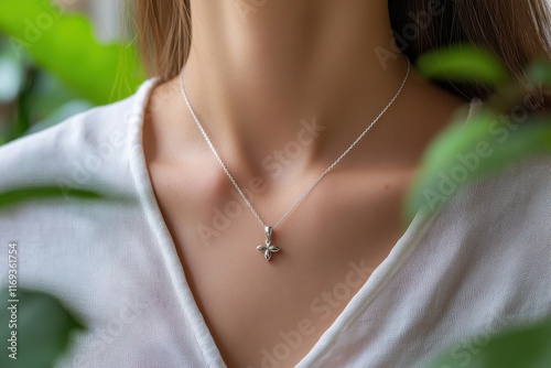 This image features a beautiful silver floral pendant, gracefully hanging from a delicate chain, reflecting feminine charm and elegance in a natural setting. photo