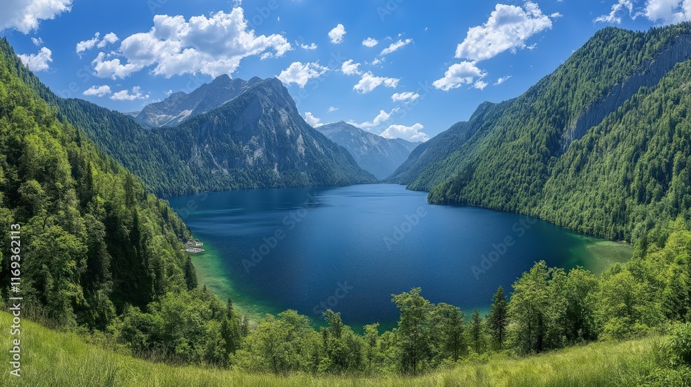 Pristine Mountain Lake With Lush Greenery Under Bright Blue Sky and Fluffy Clouds Pristine Mountain Lake With Lush Greenery Under Bright Blue Sky and Fluffy Clouds