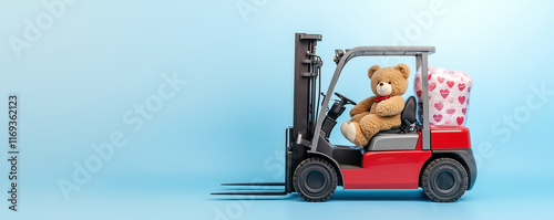 A Valentine’s Day forklift and shipping concept merges love with logistics. Teddy bear driving a forklift with colorful gifts on board. photo