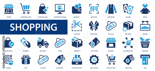 Shopping icon set. E-Commerce icons. E-commerce, online shopping and delivery icon. Flat icons collection