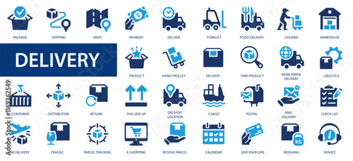Delivery icons set. 60 icon delivery, shipping, logistics symbols. Flat icons collection.
