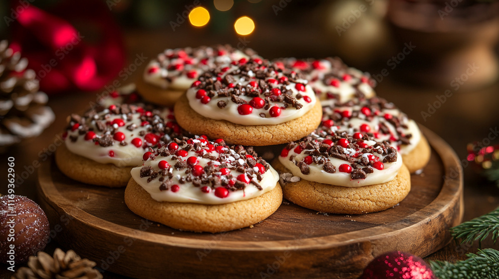 Festive holiday cookies with colorful toppings on a wooden platter Festive holiday cookies with colorful toppings on a wooden platter