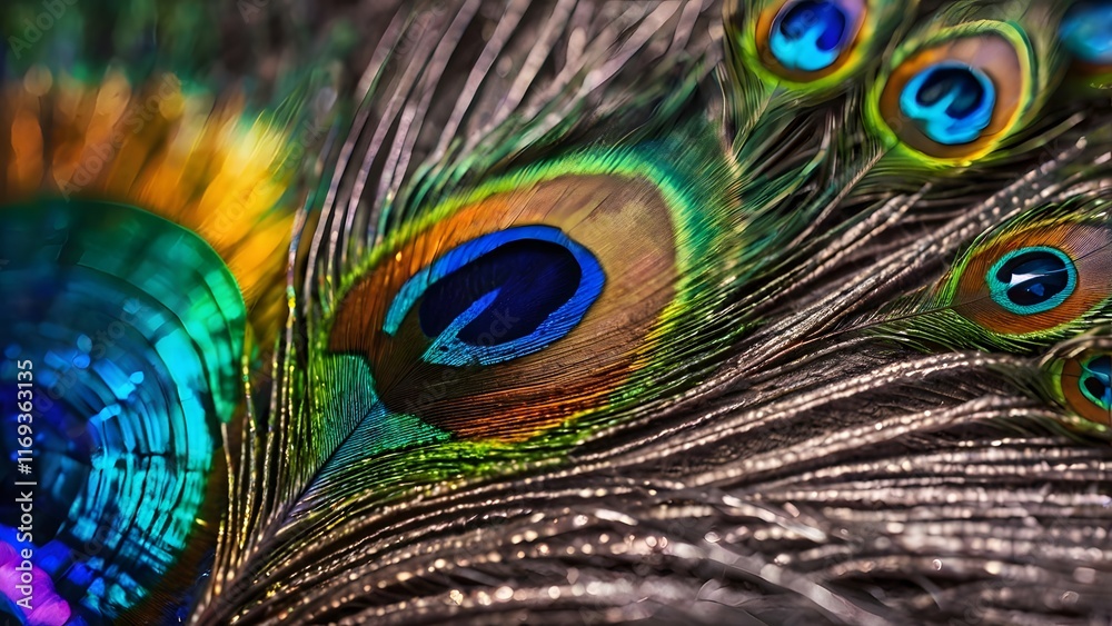 Fototapeta premium Vibrant Peacock Feathers Close up Jewel toned Plumage Detail