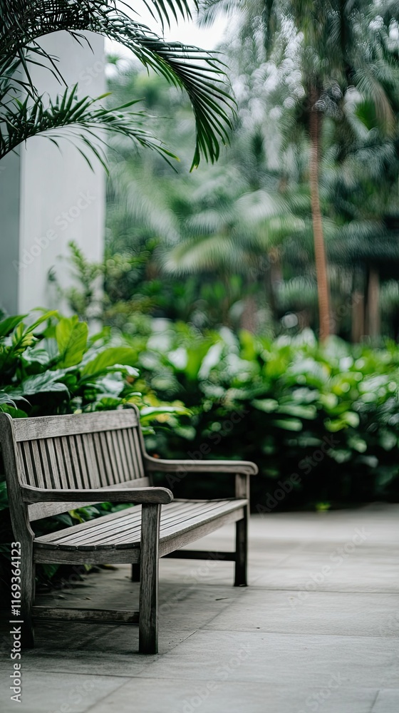 Relaxing garden area features a wooden bench and concrete table surrounded by greenery and scattered leaves for a peaceful retreat Relaxing garden area features a wooden bench and concrete table surrounded by greenery and scattered leaves for a peaceful retreat