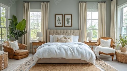 A classic summer bedroom with vintage furniture and timeless decor