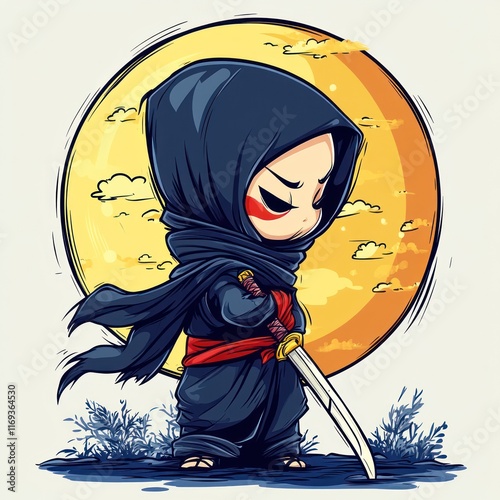 A cute, chibi-style ninja stands with a sword against a large, stylized moon backdrop. photo