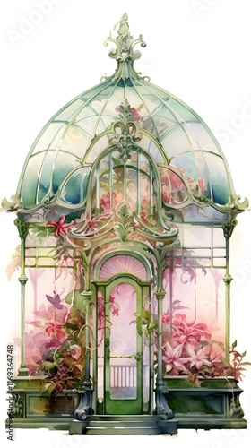 Ornate Art Deco Bow with Vibrant Floral Accents in Lush Greenhouse Setting