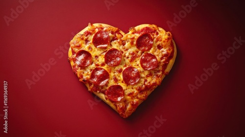 Pizza heart shaped and on red background . Concept of romantic love for Valentines Day .
