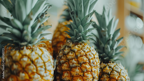 pile of pineapples on table, Sweet tropical fruit for juice or smoothie package. Golden yellow pineapple fruit closeup. Pile of fruits on local market photo