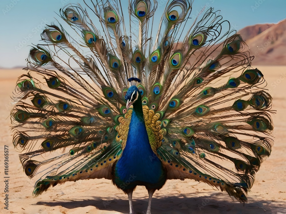 Fototapeta premium Majestic Peacock in Desert Displaying Vibrant Tail Feathers