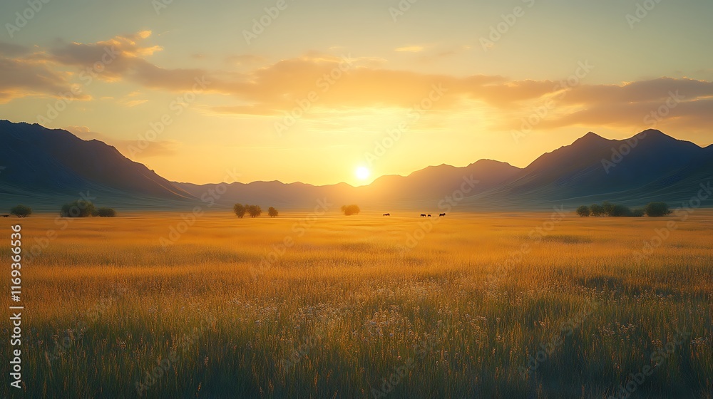 Golden sunset over vast grassland with distant mountains. Golden sunset over vast grassland with distant mountains.