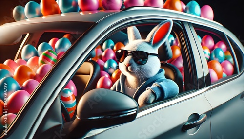 Cool bunny wearing sunglasses inside a car filled with colorful easter eggs fun and vibrant spring concept






 photo